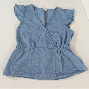 J Crew Flutter Sleeve Faux Wrap Top in Chambray